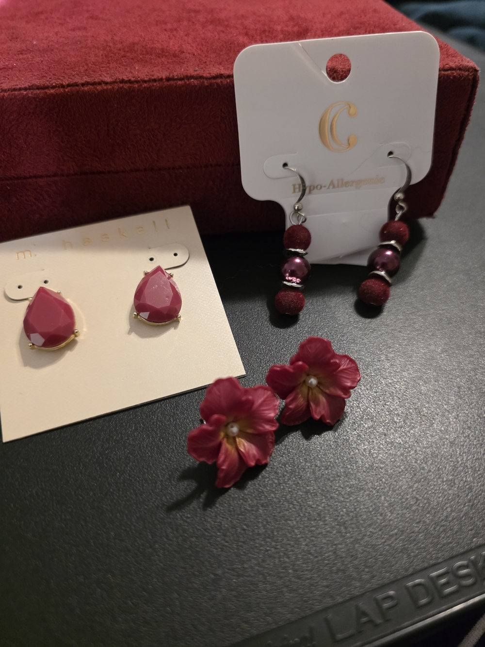 Three-Pair Cranberry/Dark Rose Pierced Earrings— Floral, Dangle & Teardrop Studs